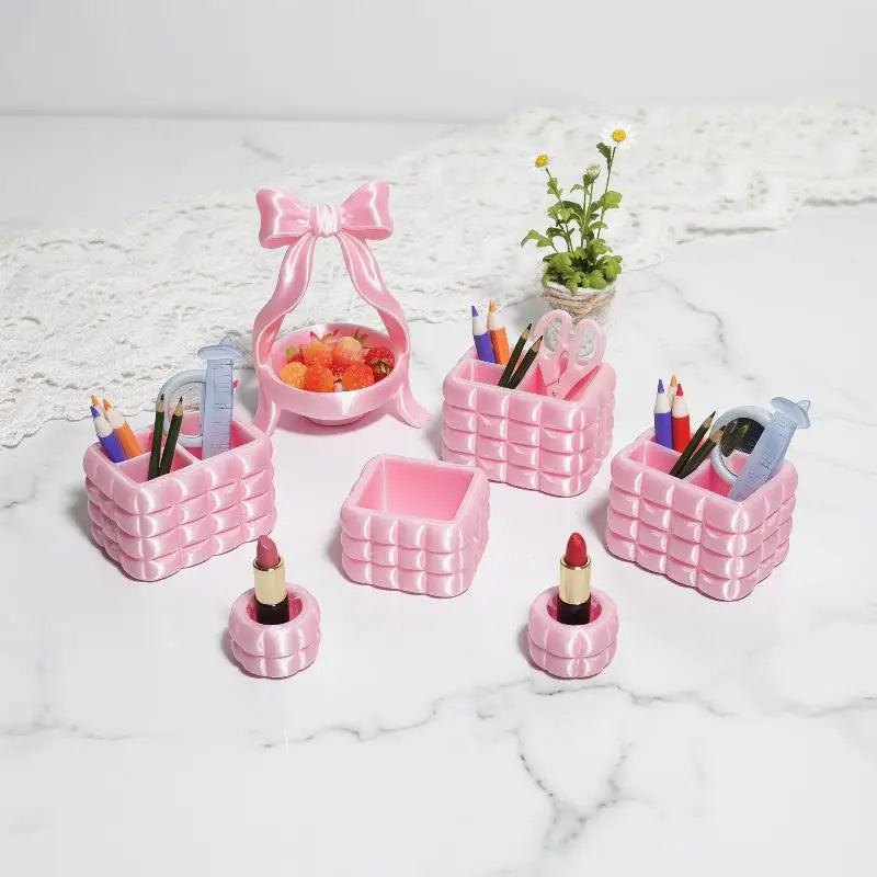 rangements accessoires beauté boîte bijoux paniers stylos crayons vintage rose quilted