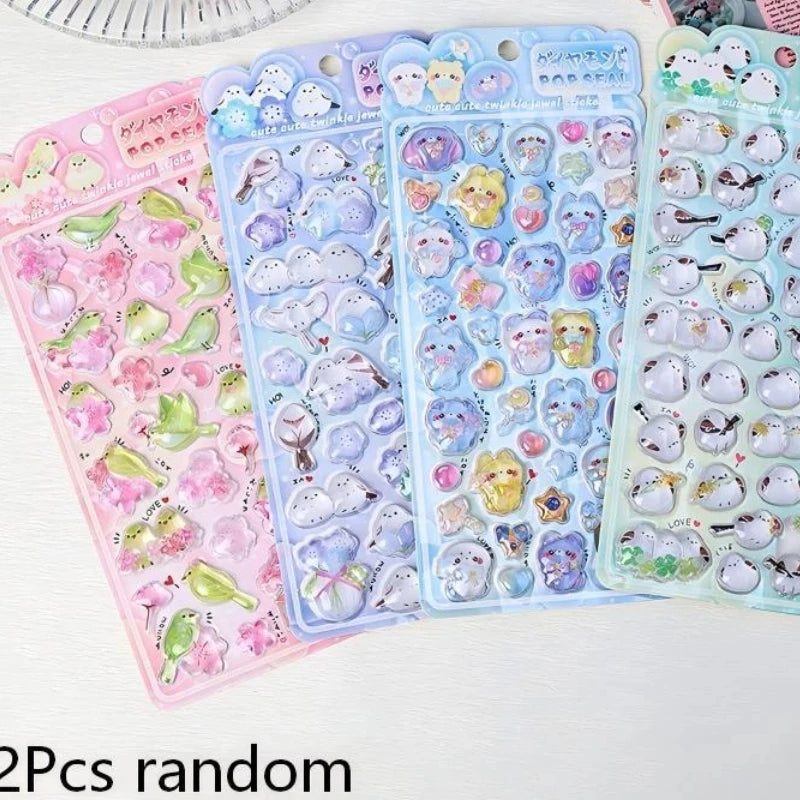 stickers pop seal oiseaux floraux nuages kawaii brillants adhésifs décoratifs enfants rose vert bleu