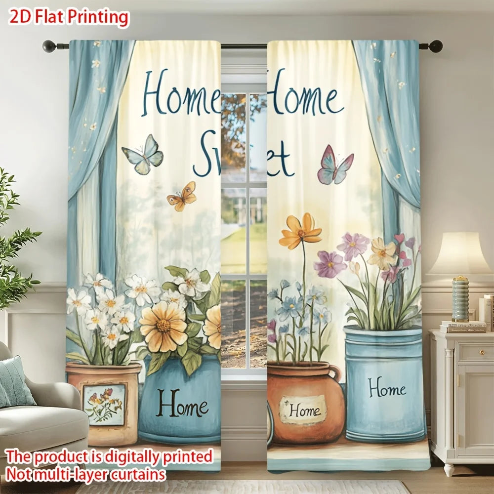 rideau imprimé fleurs papillons textes sweet moderne opacité polyester bleu blanc beige