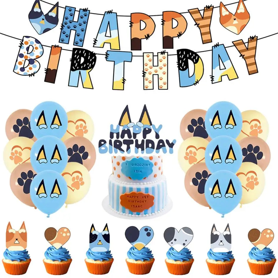 kit decoration anniversaire chien bleu assiettes gobelets serviettes guirlande support cupcake decor animaux