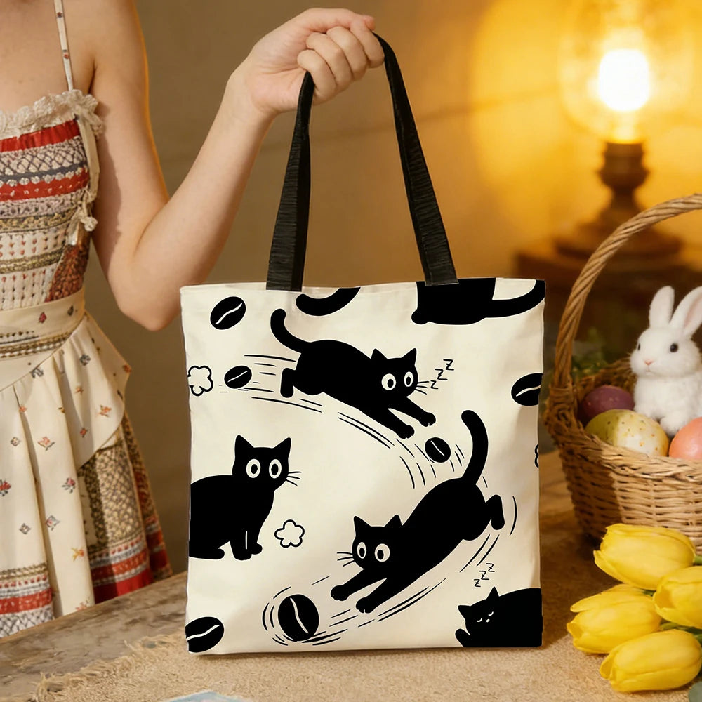 sac cabas toile motif chats noirs tasses décontracté graphique anses longues fourre tout polyestère