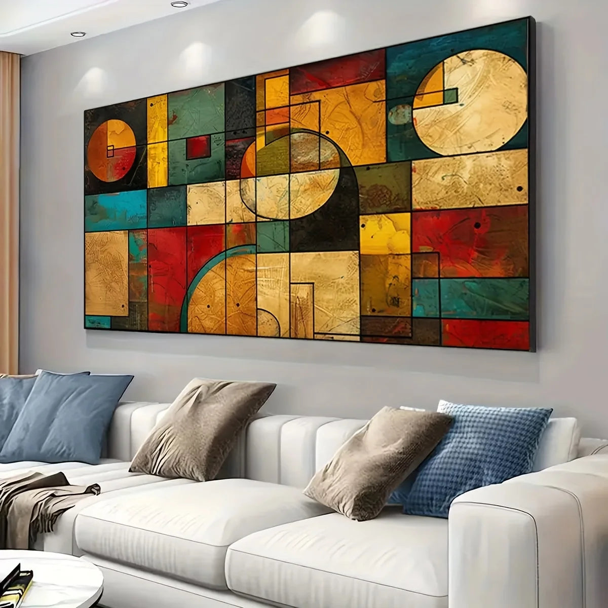 impression toile abstraite moderne géométrique carrés rectangles cercles rouge bleu jaune vert marron beige