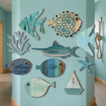 décorations murales poissons coraux bateaux marin rétro opaques lot 10 bleu blanc gris