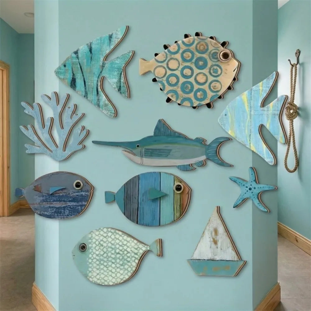 décorations murales poissons coraux bateaux marin rétro opaques lot 10 bleu blanc gris
