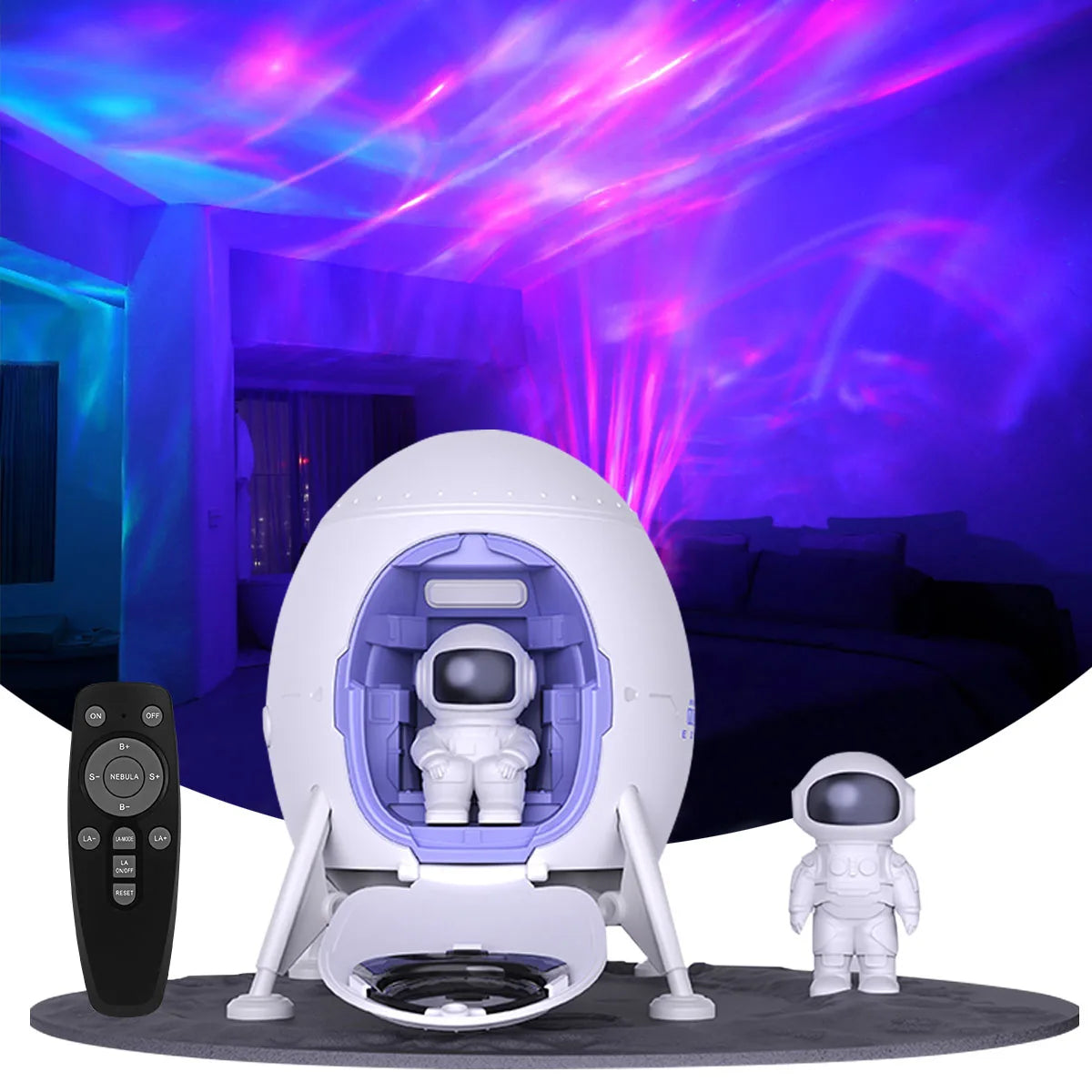 veilleuse atmosphère rétrofuturiste miniature fusée spatiale figurine astronaute tapis télécommande led blanc chambre