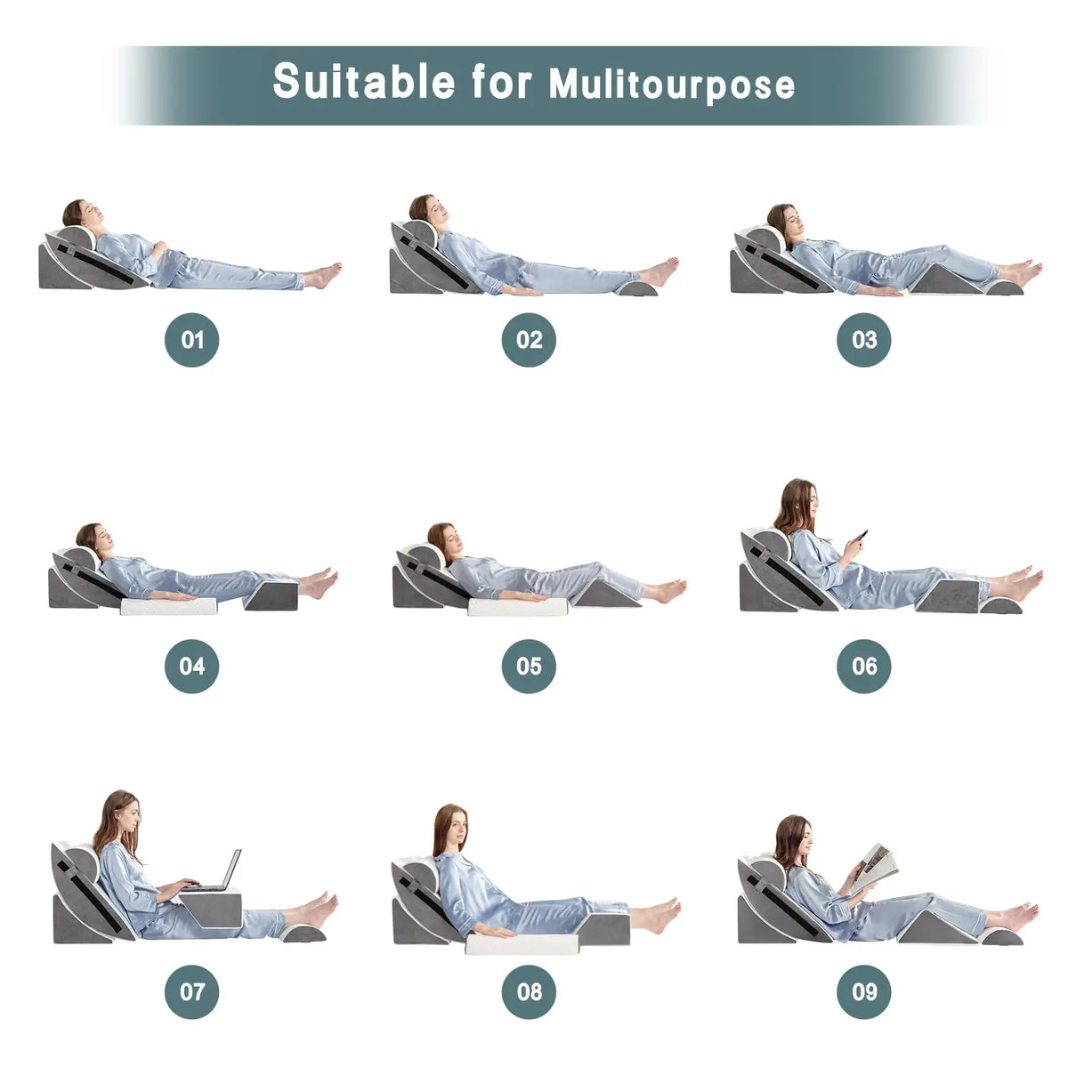 coussin inclinable multifonctionnel blanc gris tissu imprimé velcro ajustable moderne