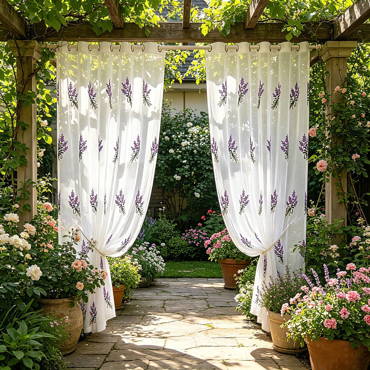 rideau transparent brodé lavande fleurs classique blanc violet vert anneaux métalliques polyester