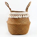 panier tressé marron blanc franges boho durable réutilisable rangement plantes écologique pliable
