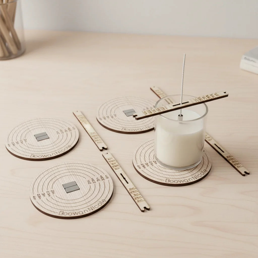 outil centrage mèche support bougie bois naturel graduations diy artisanal minimaliste kit fabrication