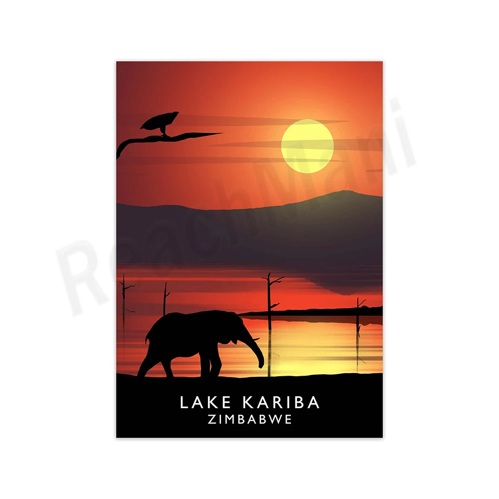 Magnifique coucher de soleil sur le lac Kariba au Zimbabwe, avec un éléphant silhouetté sur la rive et un pélican survolant la scène.