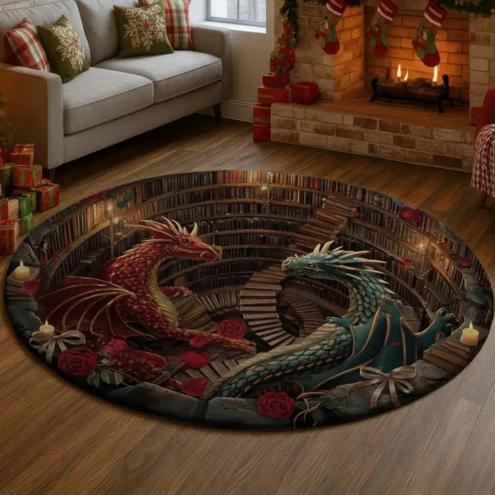 tapis rond moderne dragons roses géométrique fantaisie rouge violet bleu chambre