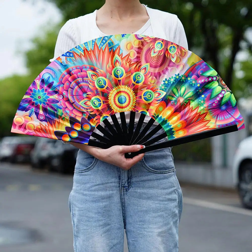 éventail pliant moderne multicolore motifs floraux géométriques opacité festive