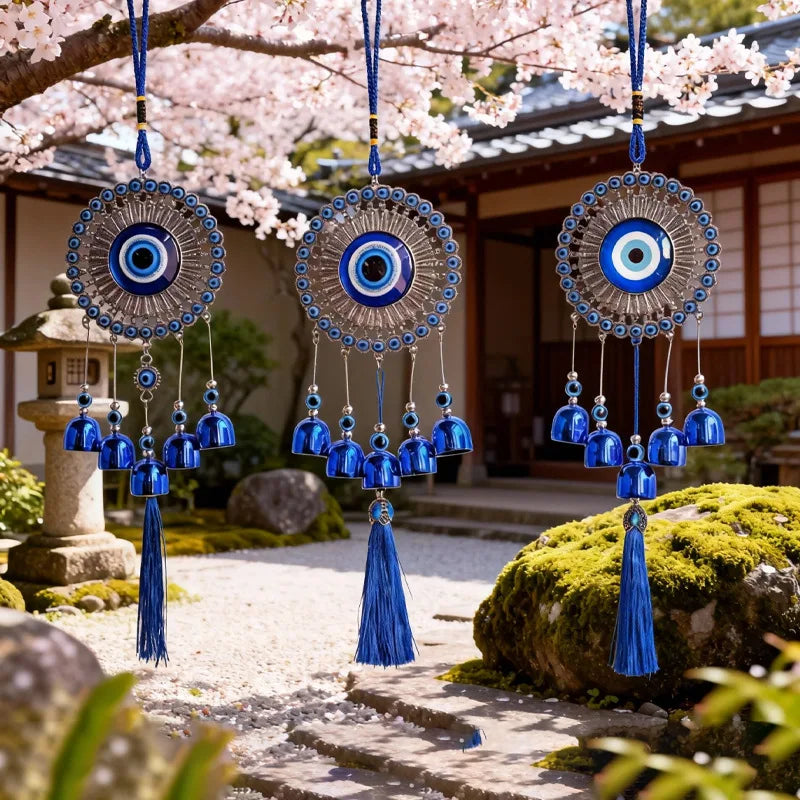 pendant ethnique attrape rêves œil bleu argenté clochettes métal maison jardinextérieur