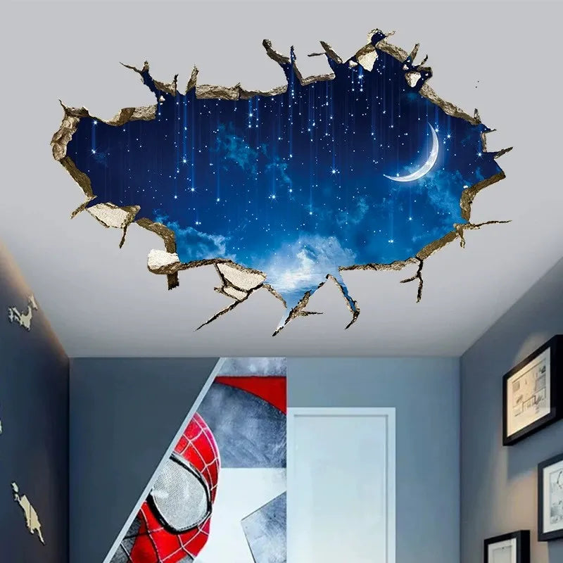 sticker mural 3d ciel bleu nuages étoiles béton fissuré adhésif chambre toit