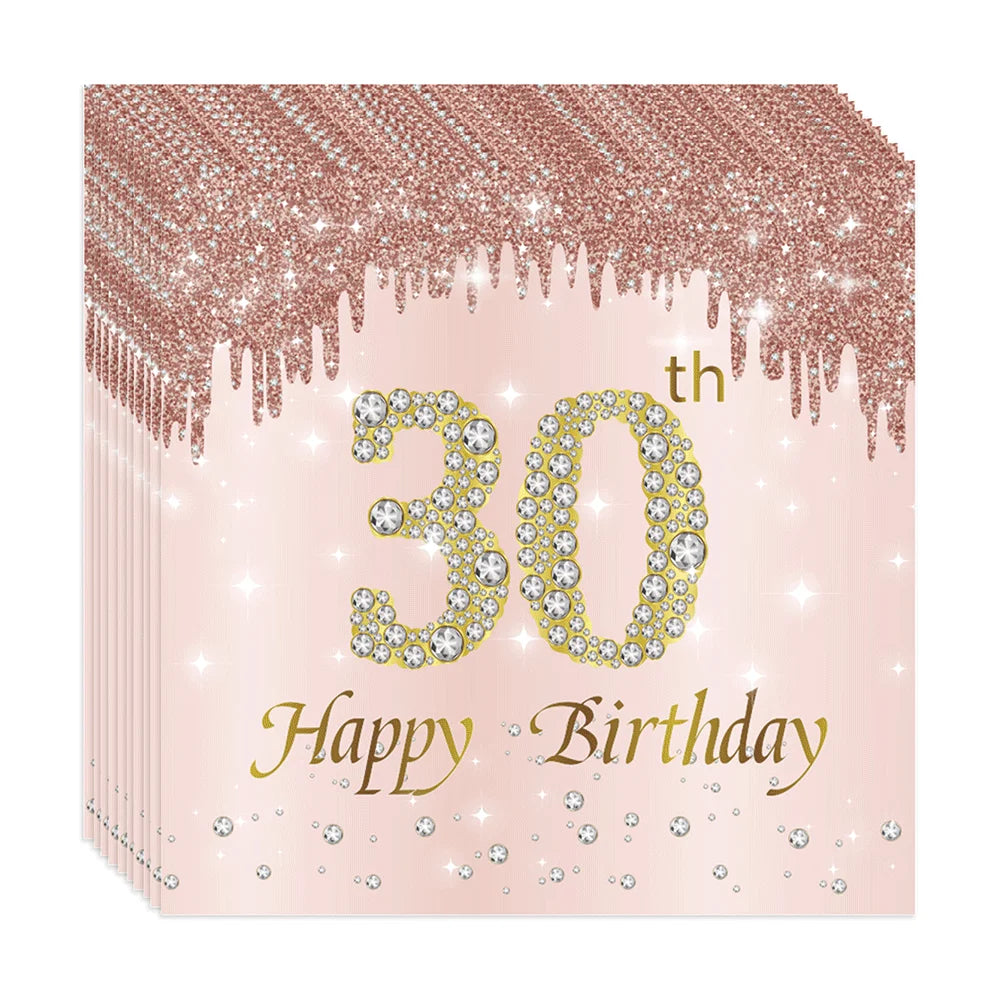 serviettes fête élégantes rose pâle strass dorés texte happy birthday anniversaire strass chiffres festive
