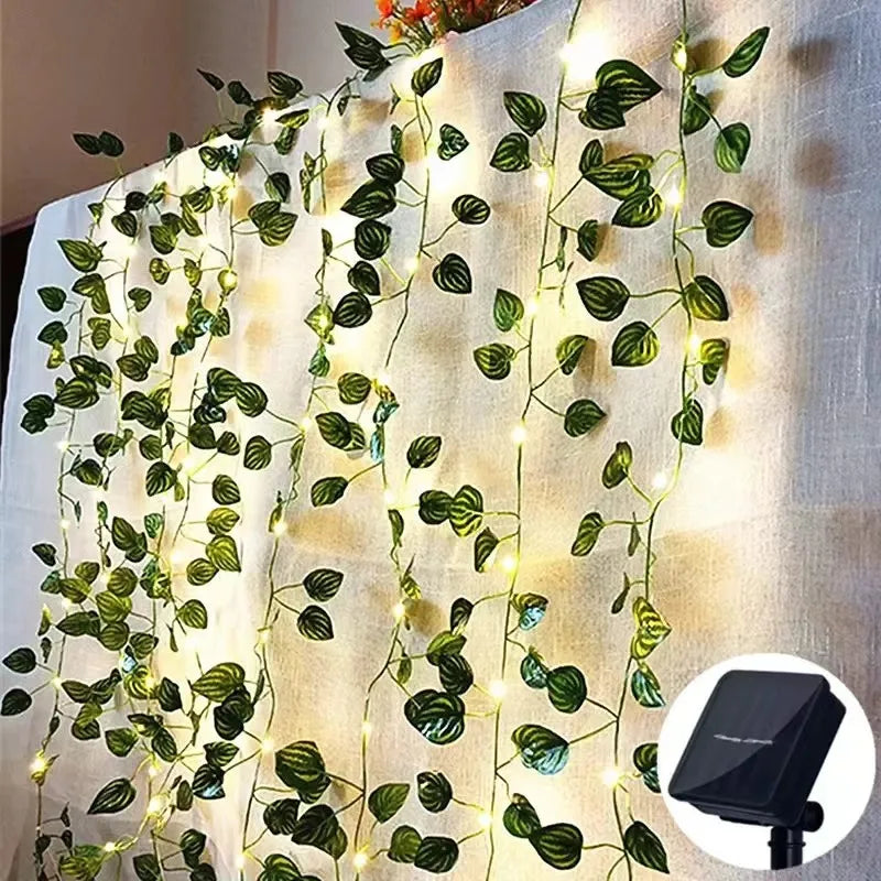 guirlande lumineuse solaire feuilles vertes motif veiné transparent extérieur décoration jardin