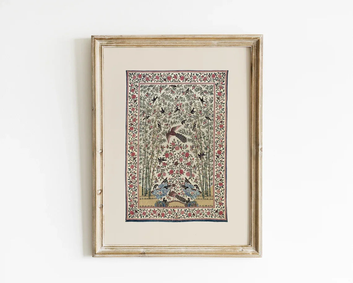 affiche encadrée illustration florale oiseaux vintage beige marron cadres bois chambre salon decoration