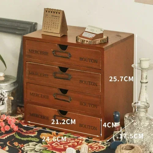 organisateur vintage commode tiroirs bois marron clair rétro poignées métalliques rangement