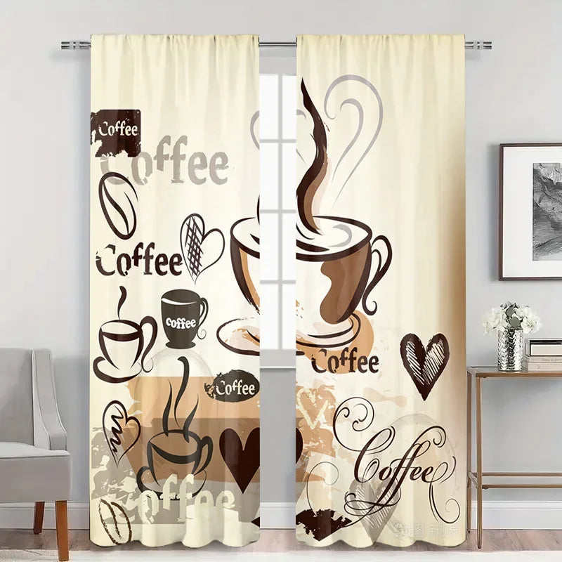rideau moderne tasses grains coeurs lettrage polyester beige marron noir decoration