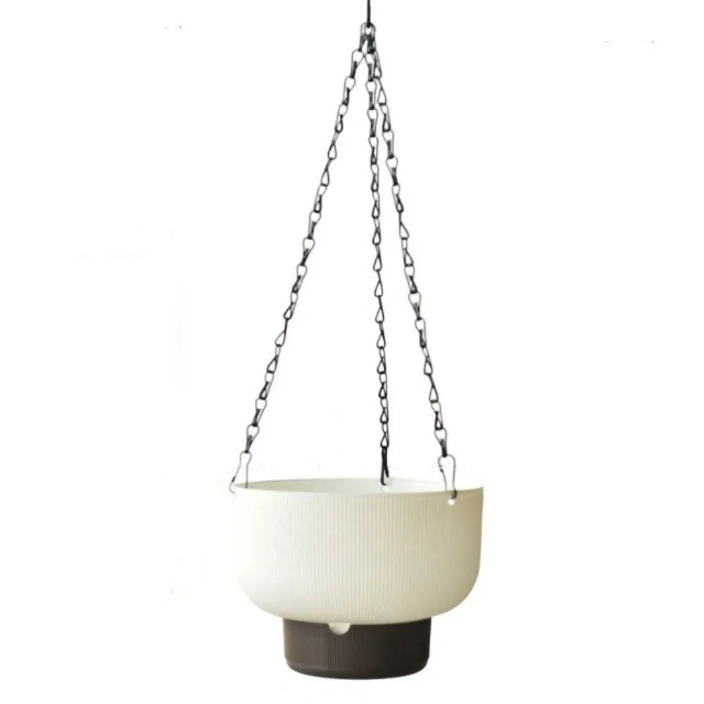 cache pot suspendu moderne rayures horizontales blanc gris vert drainage chaînes métalliques auto arrosant