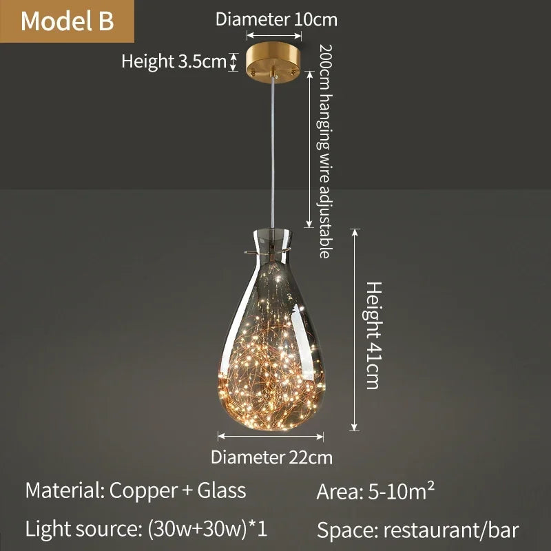 suspension lumineuse moderne transparente dorées câble suspendu élégante led trois couleurs chambre principale