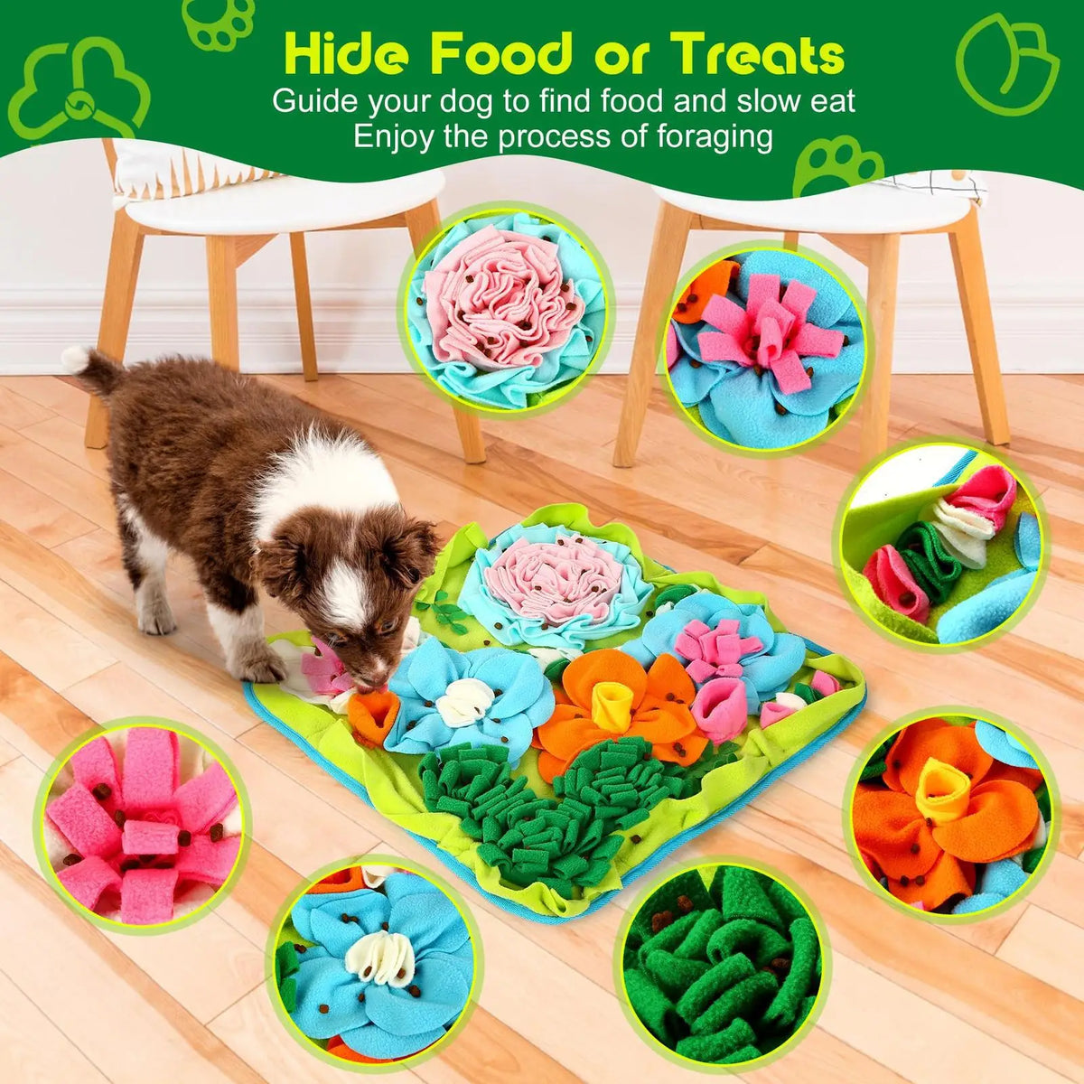 tapis jeu floral chien stimuler odorat fleurs relief couleurs vives ruban élastique vert blanc