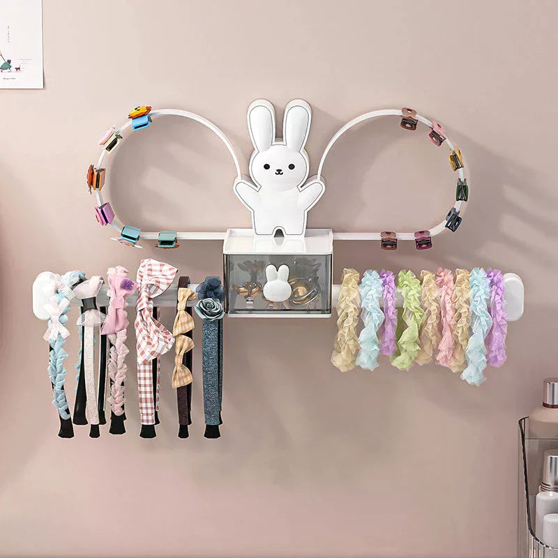 organisateur mural accessoires coiffure headbands pinces barrettes lapin enfantin blanc motifs colorésOpaque boîte rangement