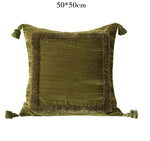 Housse coussin velours rose beige franges vintage 50x50cm lit salon décoration farmhouse élégante
