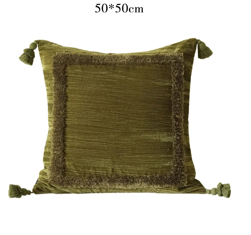 Housse coussin velours rose beige franges vintage 50x50cm lit salon décoration farmhouse élégante