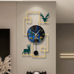 horloge murale moderne bleu doré motif paysage marin bateaux arbres montagnes aiguille métal sans