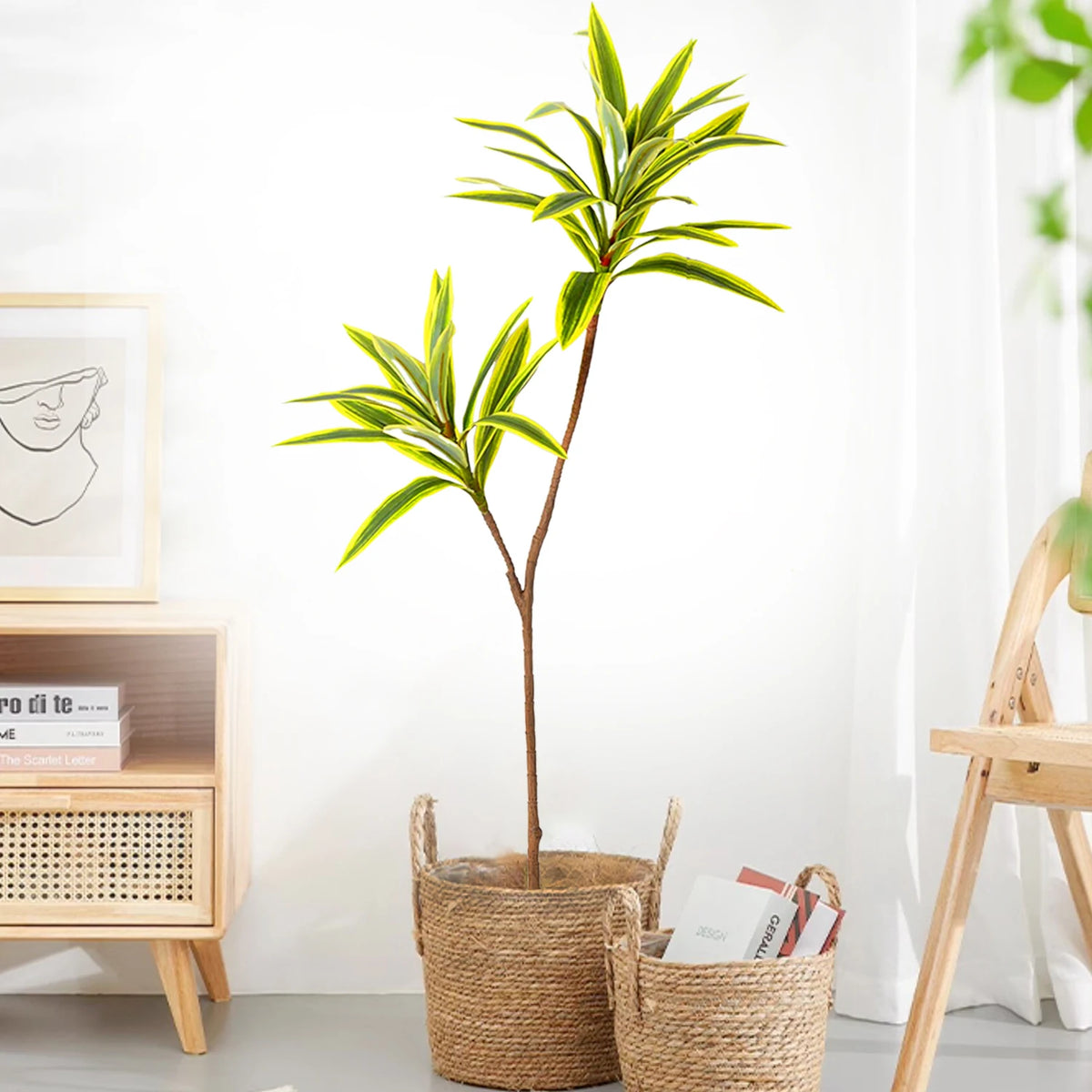 plantes artificielles arbres vertes feuilles modernes decoration exterieur pot blanc sol brunes