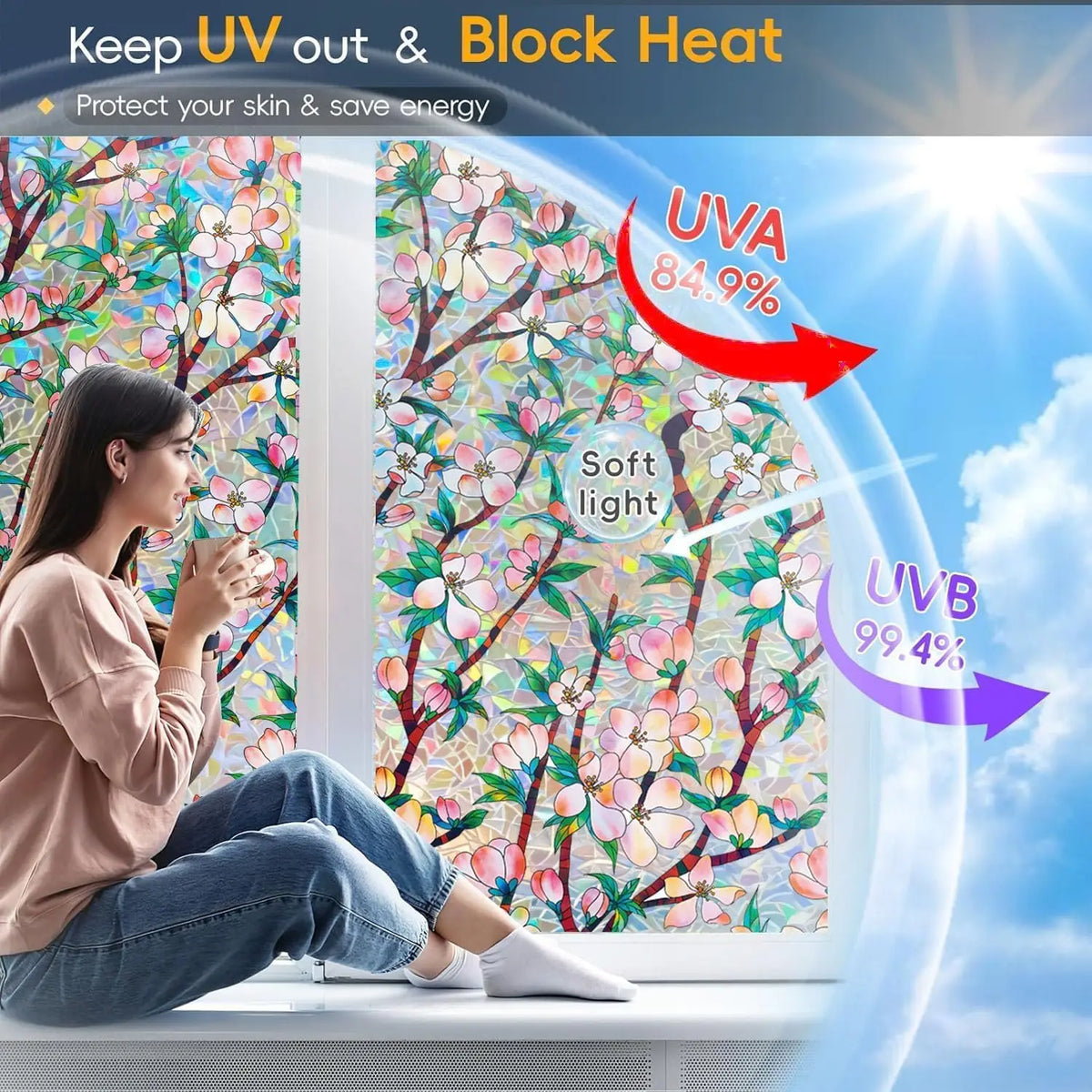 film fenêtre décoratif multicolore fleurs cerisier adhésif statique protection uv isolation thermique effet artistique