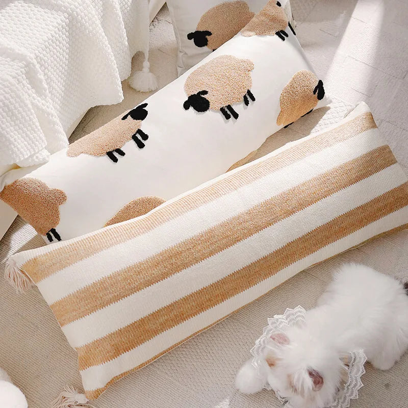 housse coussin décorative mouton rayures beige blanc moderne coton salon chambre maison