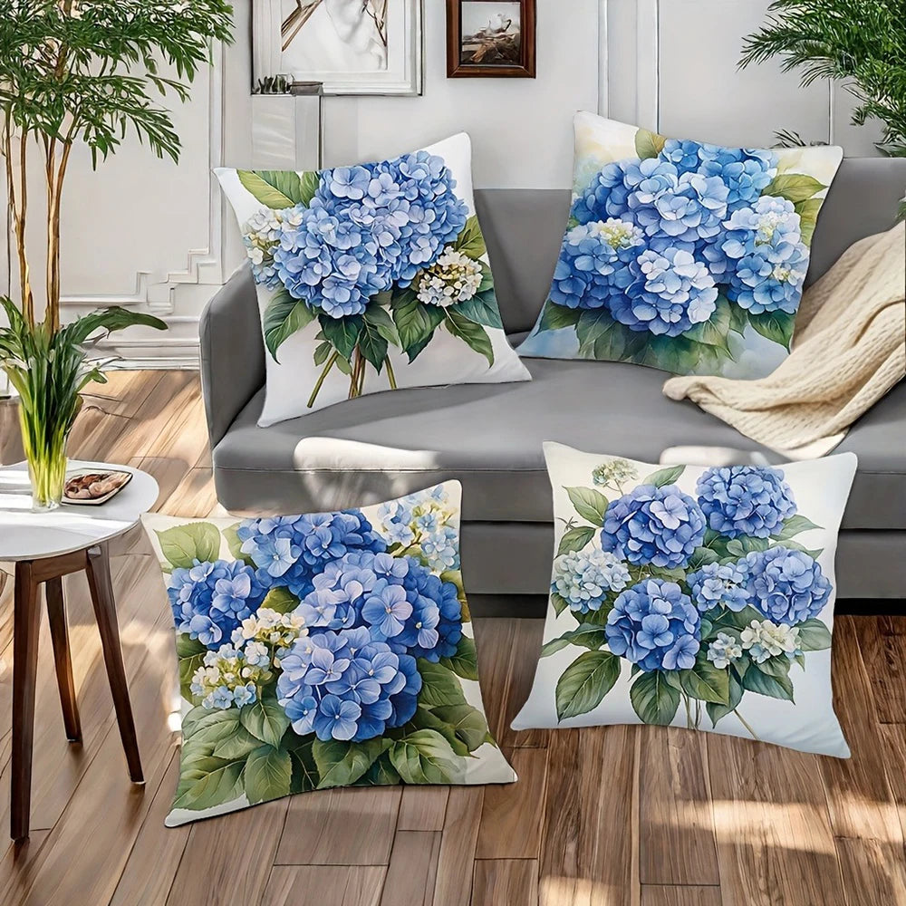 housse coussin fleurs hydrangeas bleu blanc vert classique 45x45cm zipper cache