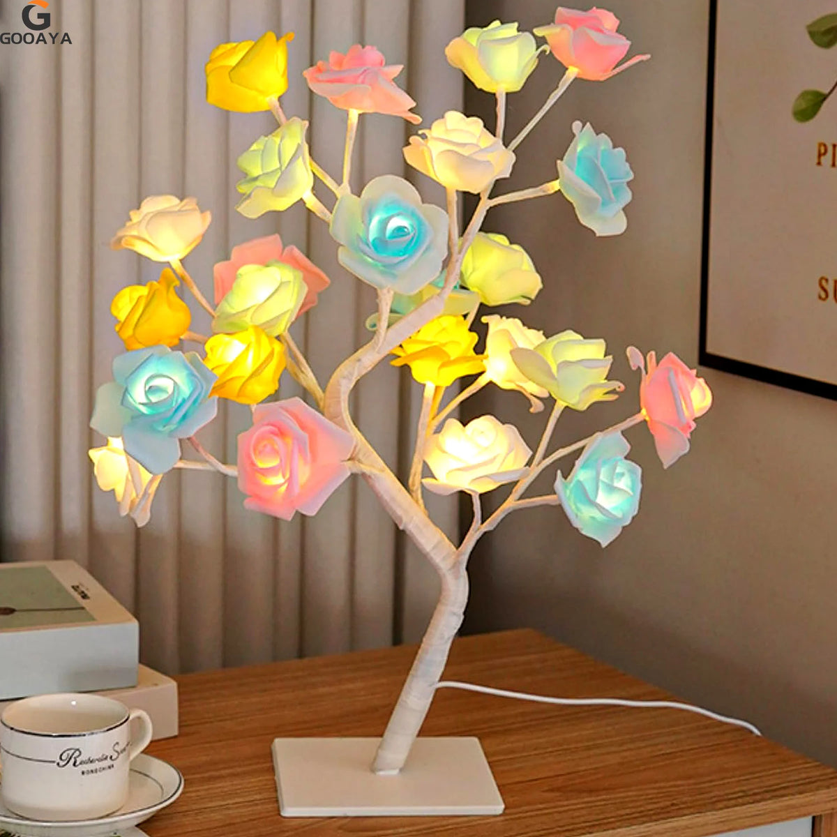 arbre lumineux décoratif or fil cuivre branches fines base plate veilleuse minimaliste moderne chambre
