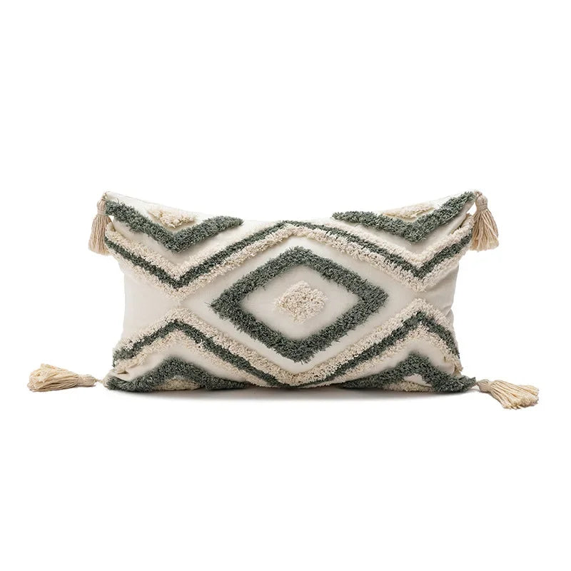 coussin décoratif boho chic blanc bleu marron beige doré motifs géométriques pompons coton