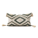 coussin décoratif boho chic blanc bleu marron beige doré motifs géométriques pompons coton