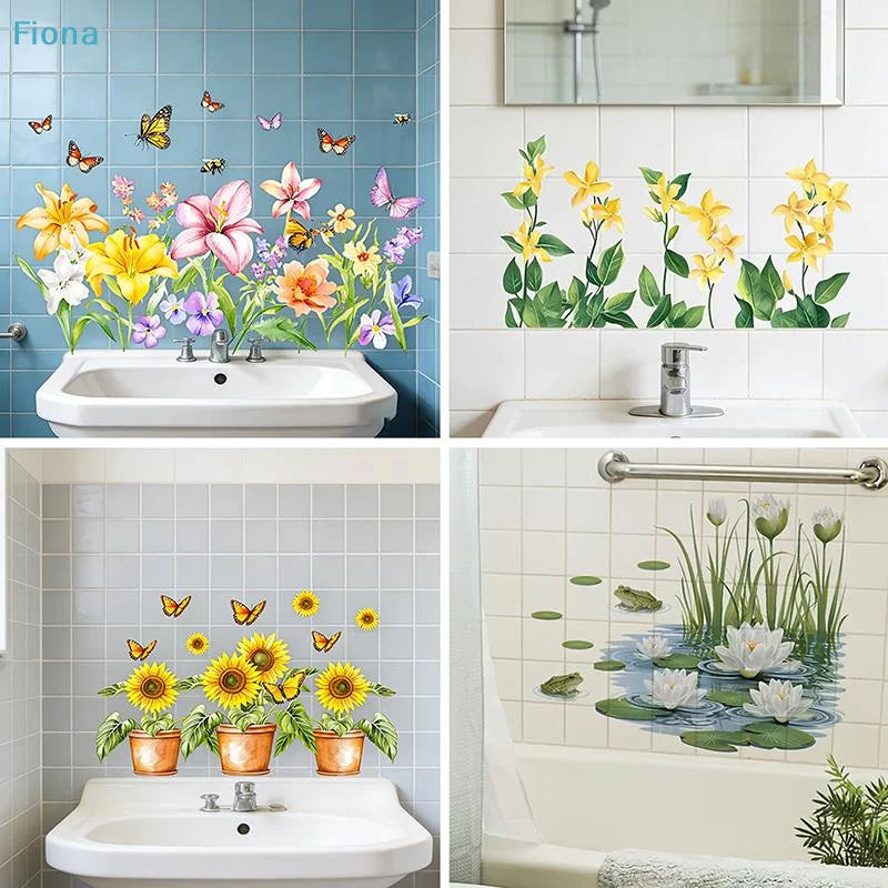 stickers muraux fleuris multicolores adhésifs art floral papillons lilas roses jaunes salon chambre deco