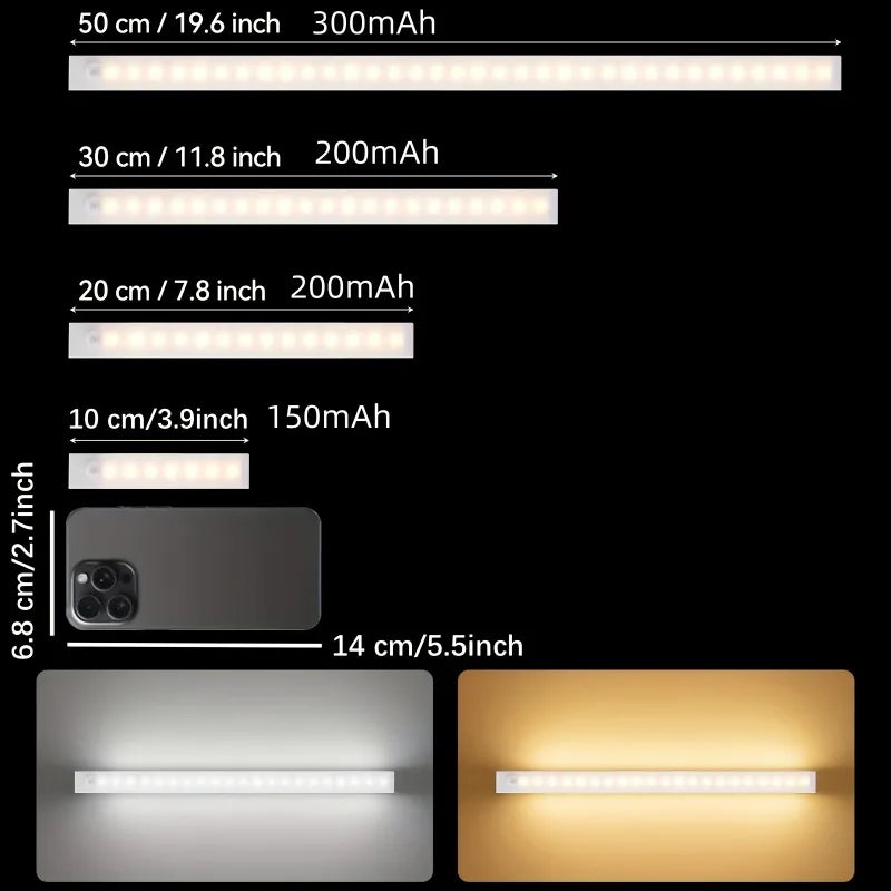 lampe led rechargeable aimantée détecteur mouvement 50cm 30cm 20cm 10cm blanc moderne autonomie