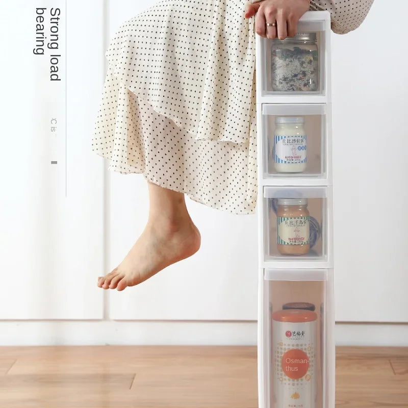meuble rangement modulaire blanc boîtes transparentes roulettes organisation maison moderne