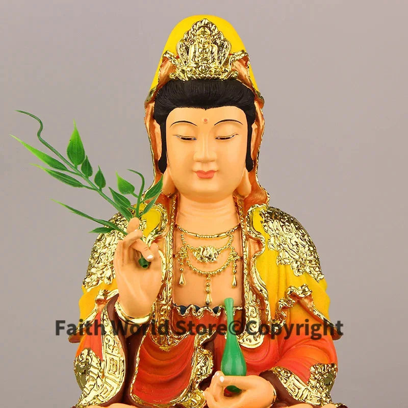 statue bouddha guanyin résine multicolore jaune rouge verte dorée texturée traditionnelle fixations incluses chaîne