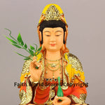 statue bouddha guanyin résine multicolore jaune rouge verte dorée texturée traditionnelle fixations incluses chaîne