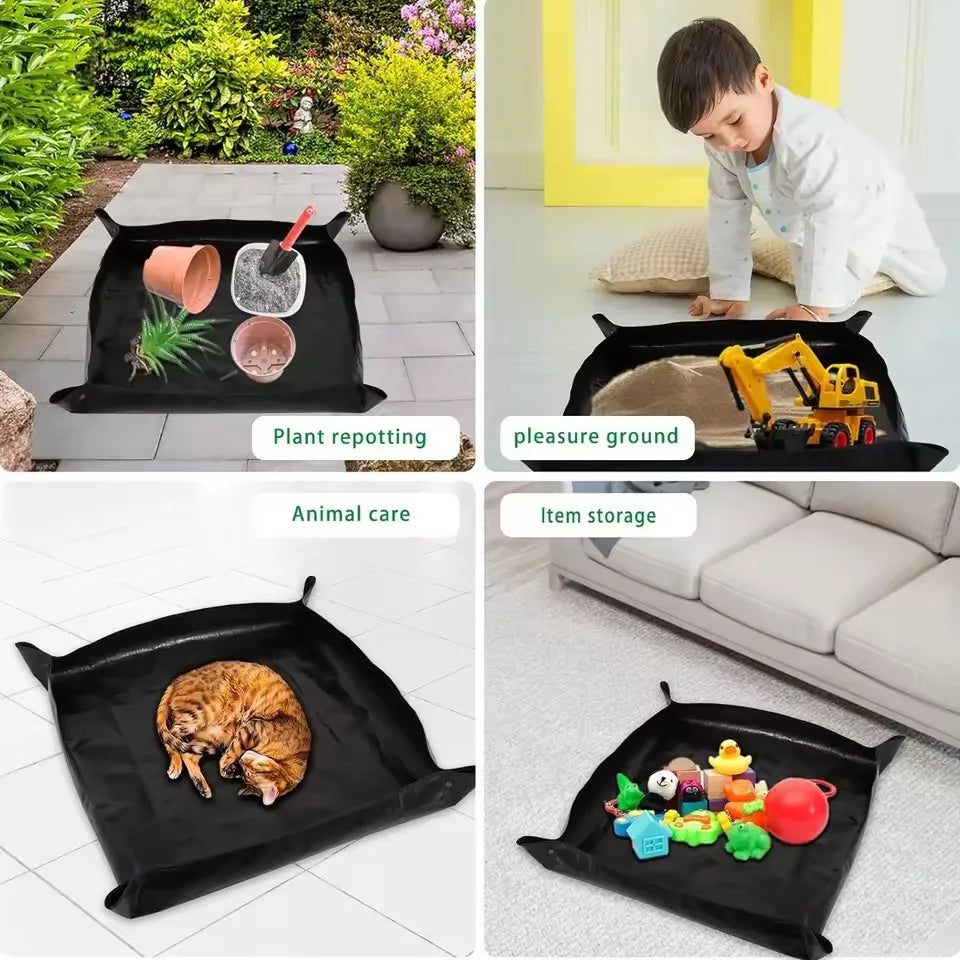 tapis jardinage noir moderne poignées pot plante graine outils arrosoir chiffon