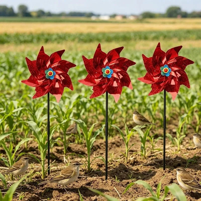 éolienne décorative rouge blanche glitter moderne oiseau répulsif jardin extérieur bleu fleuri