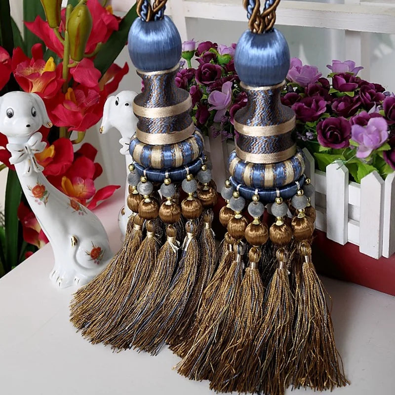 pompons rideau élégants franges couleurs bleu noir doré rayures polyester decoration maison