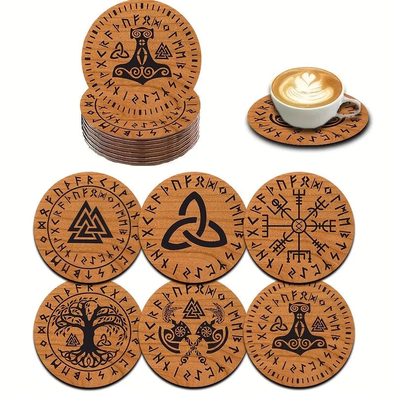 coasters bois marron clair symboles runiques arbre vie martelage nordique traditionnel decoration maison