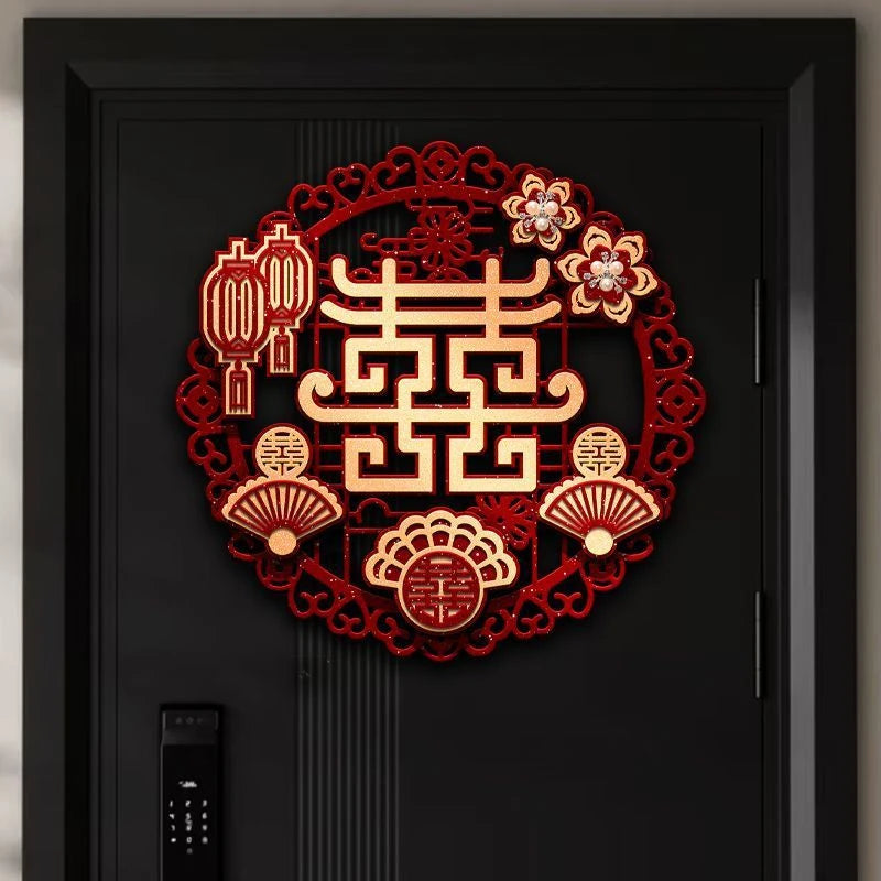 décoration murale mariage motif chinois fleurs rubans adhésif rouge artisanal 38cmx36cm doublejoie caractères