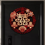décoration murale mariage motif chinois fleurs rubans adhésif rouge artisanal 38cmx36cm doublejoie caractères
