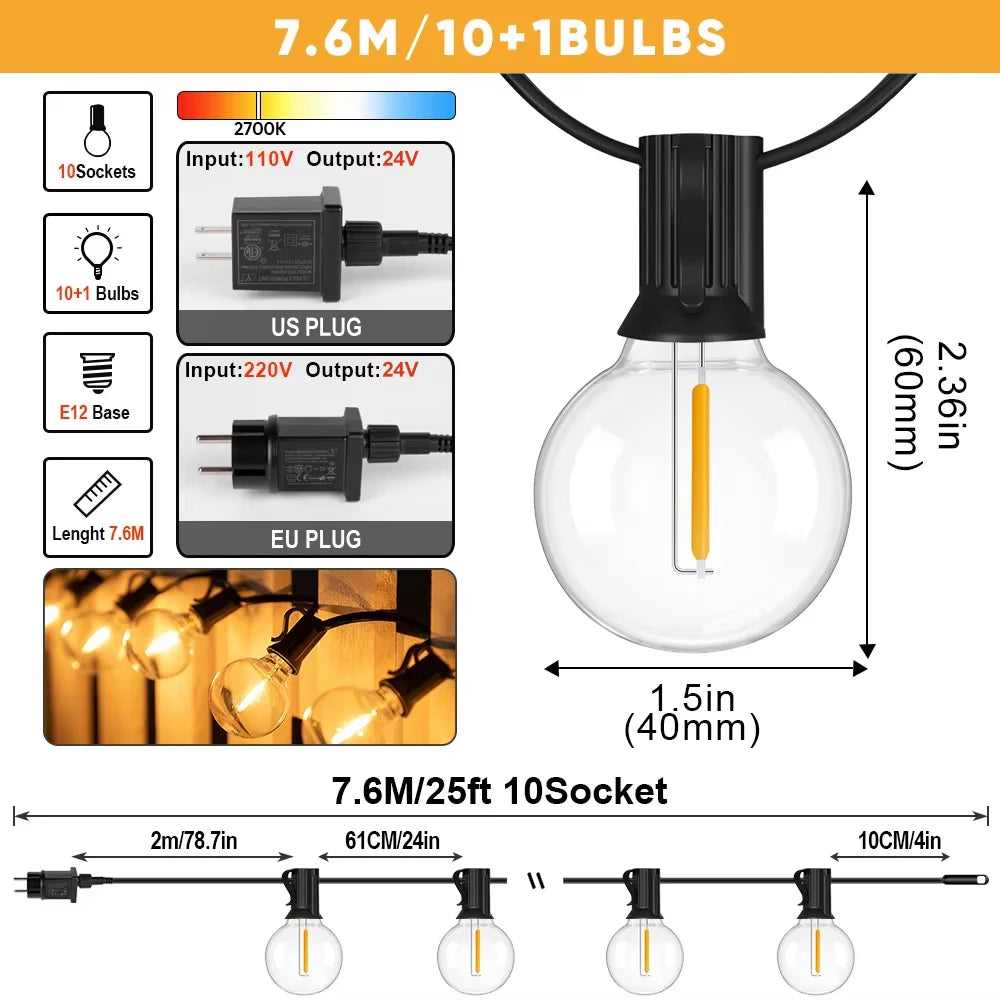 guirlande lumineuse led transparente 15 ampoules rondes vintage clips adaptateurs 220v 110vextérieur