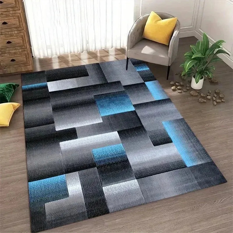 tapis salon moderne géométrique motif carrés superposés gris noir rouge bleu intérieur maison